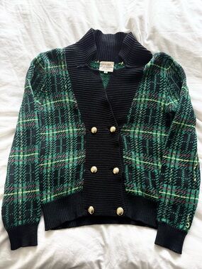 Vintage Sweater - Susan Bristol Black & Green Plaid Cardigan